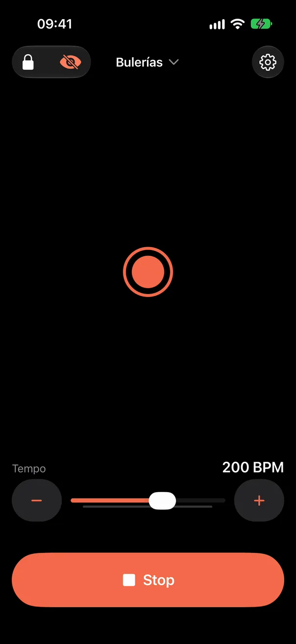 Con Compás playing Bulerías with the Blindfold on: the Eye struck through beside the lock, and in place of the clock one dot in the middle that pulses with every clap, an accent sending a thin ring out from it.