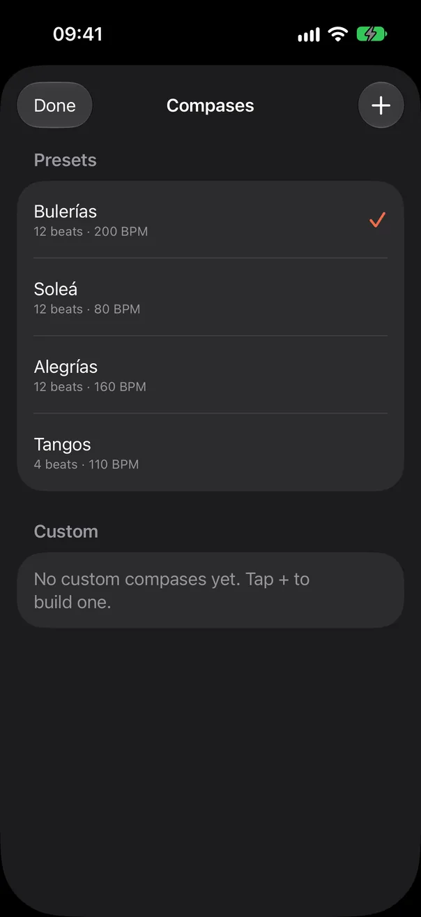 The compases in Con Compás: the presets Bulerías, Soleá, Alegrías and Tangos, each with its beats and its tempo, and + for a new compás.